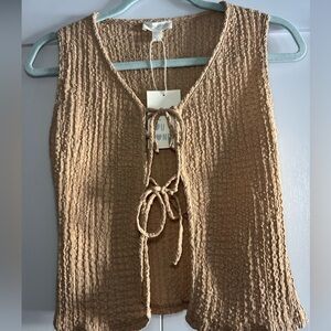 See You Monday Beige Textured Tie-Front Top